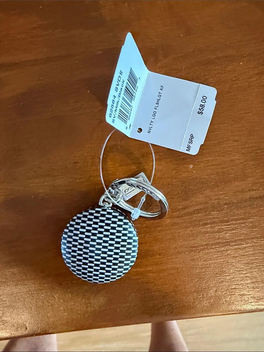 Coach Black & White Woven Logo Disc Keychain with Silver Charm